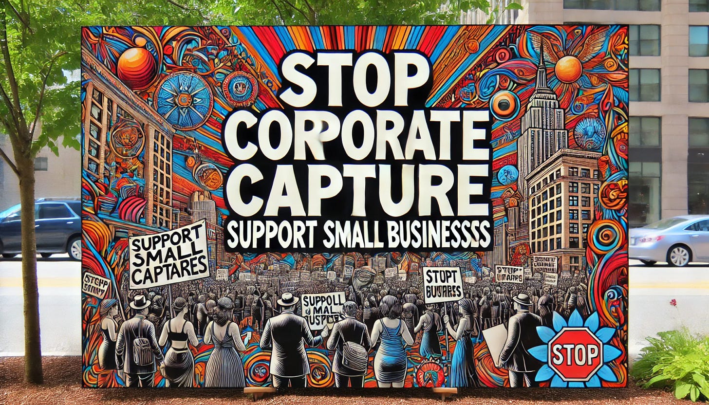 A detailed and vibrant artistic banner with clear, bold, and highly legible text reading 'Stop Corporate Capture' and 'Support Small Businesses.' The letters are in bold black and white contrast on colorful background patterns, surrounded by a peaceful demonstration scene. The crowd is diverse, with people of varying ages and ethnicities, holding signs and banners in solidarity. Background includes a bright cityscape, trees, and sunny skies for an optimistic atmosphere.
