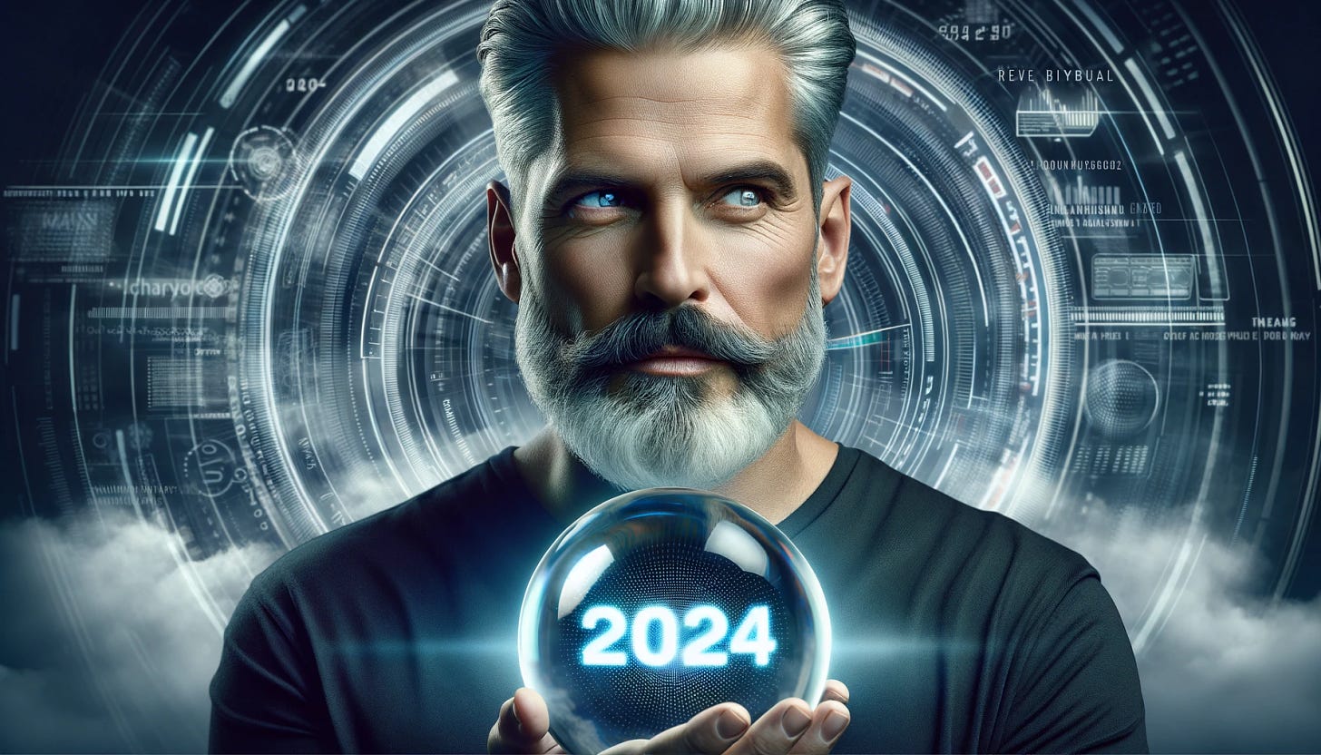 Create an image of a mature, handsome man with a slightly obese build and a dignified demeanor. He has short, neatly trimmed gray hair and a full beard, reflecting a look of seasoned wisdom. He is wearing a casual black t-shirt, adding a relatable, everyday quality to his appearance. The man is standing in a futuristic room with advanced technology and digital interfaces swirling around him, symbolizing the intersection of technology and everyday life. In front of him, he holds a crystal ball that brightly displays the year '2024', representing his contemplation and predictions for the future, aligning with the themes of AI advancements and personal growth.