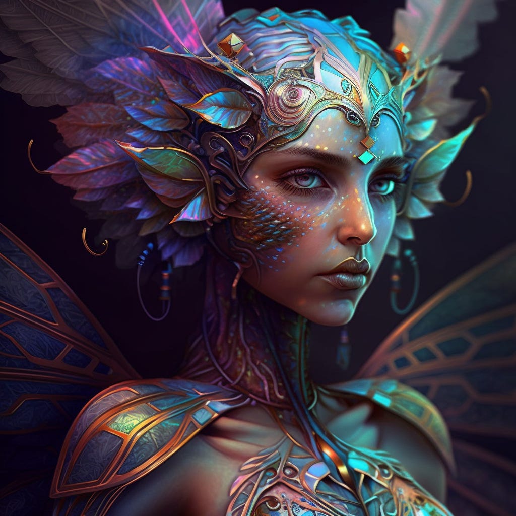 A beautiful psychadelic vision of a self-transforming machine elf, her hair and armor made of some leafy organic shimmering iridescence