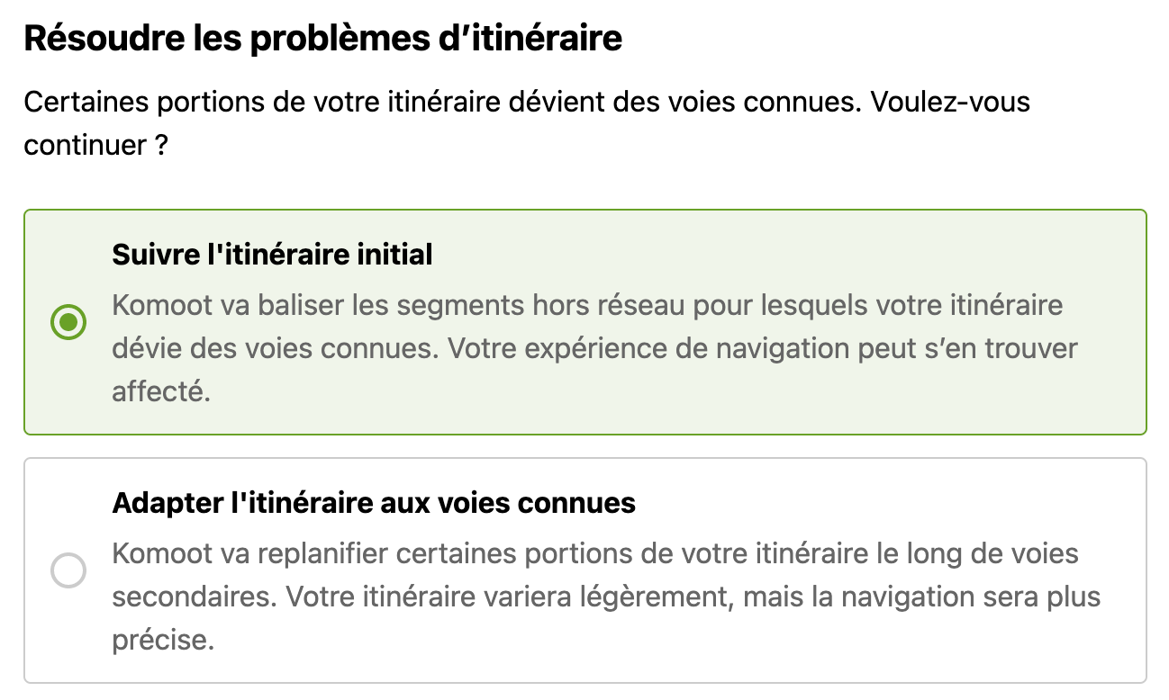 Une option qui ne fonctionne pas sur Komoot Une option qui ne fonctionne pas sur Komoot