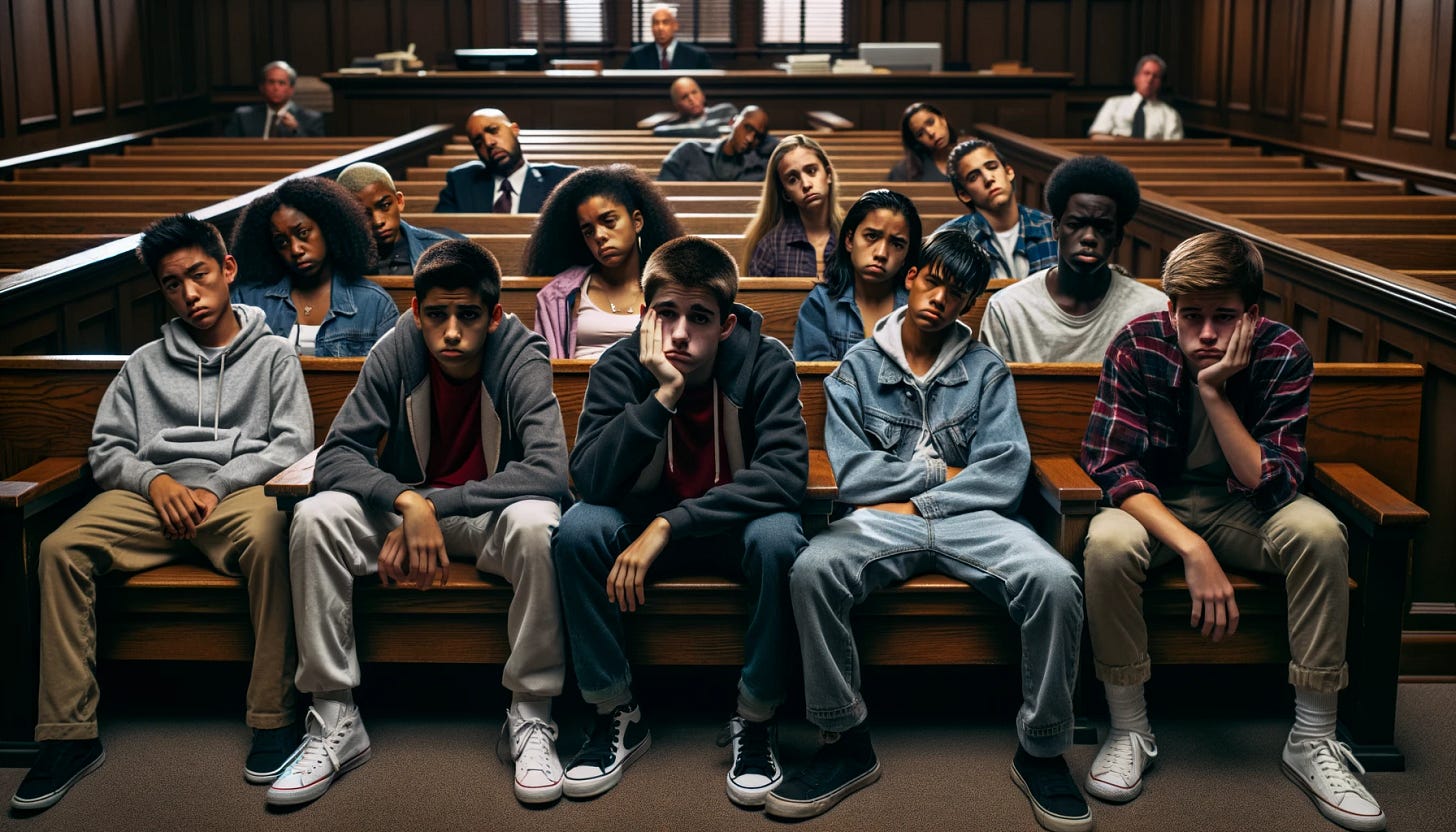 A dreary courtroom setting with the pews full of racially diverse disgruntled teenagers, including Black, White, Hispanic, and Asian teens. The teens are the main focus, sitting in the pews with expressions of boredom, frustration, and irritation. They are wearing casual teenager clothes such as hoodies, jeans, and t-shirts. The background shows typical courtroom elements like wooden benches and walls, but no judges or other courtroom officials are present. The kid in the front middle is Hispanic.