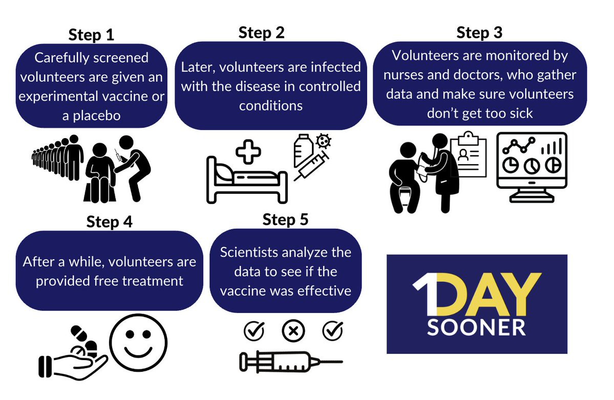 Diagram of the vaccine test process, illustrated with bathroom-sign type figures. The steps read: Step 1) Carefully selected volunteers are given an experimental vaccine or a placebo. Step 2) Later, volunteers are infected with the disease in controlled conditions. Step 3) Volunteers are monitored by nurses and doctors, who gather data and make sure volunteers don‘t get too sick. Step 4) After a while, volunteers are provided free treatment. Step 5) Scientists analyze the data to see if the vaccine was effective.