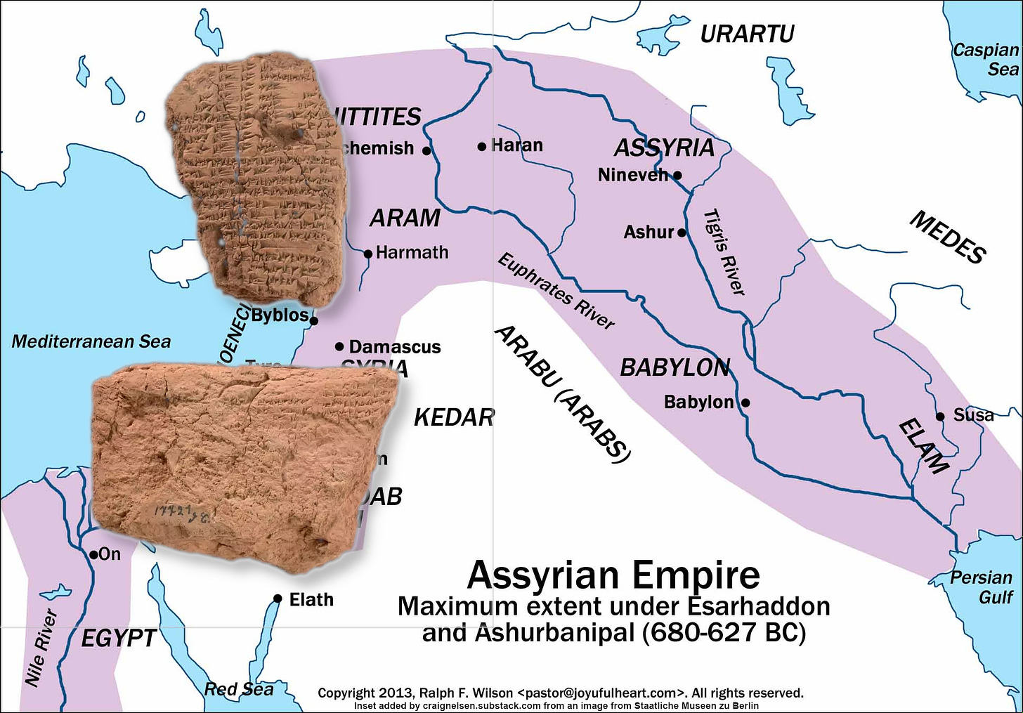 Image of tablets inset on map of Assyrian Empire from 680-627 BC