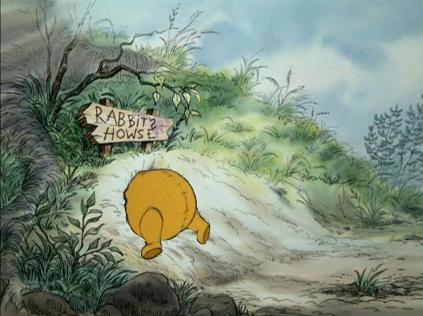 Pooh Bear stuck with his bottom sticking out the entrance to Rabbit's House.