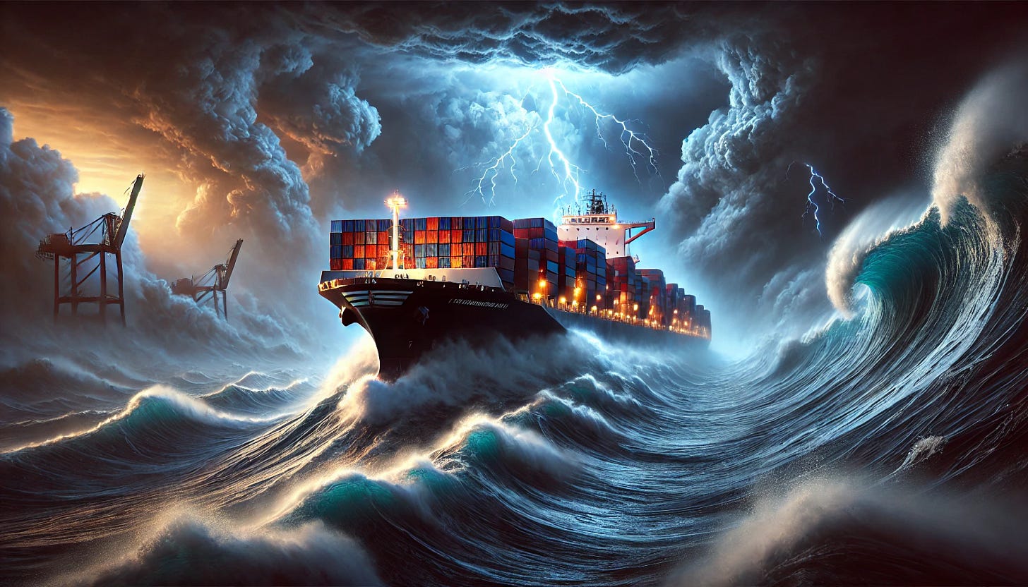 An awe-inspiring, ultra-realistic containership sailing through a dramatic stormy ocean at twilight. Towering waves crash against the massive vessel, which is fully loaded with vibrant containers, glowing under the ship’s powerful deck lights. The dark sky is illuminated by flashes of lightning, creating an intense and cinematic atmosphere. Mist and ocean spray fill the air, enhancing the sense of motion and power. The ship cuts through the turbulent waters, symbolizing resilience and strength. The background features a distant lighthouse standing tall amidst the storm, casting a beacon of light through the darkness.