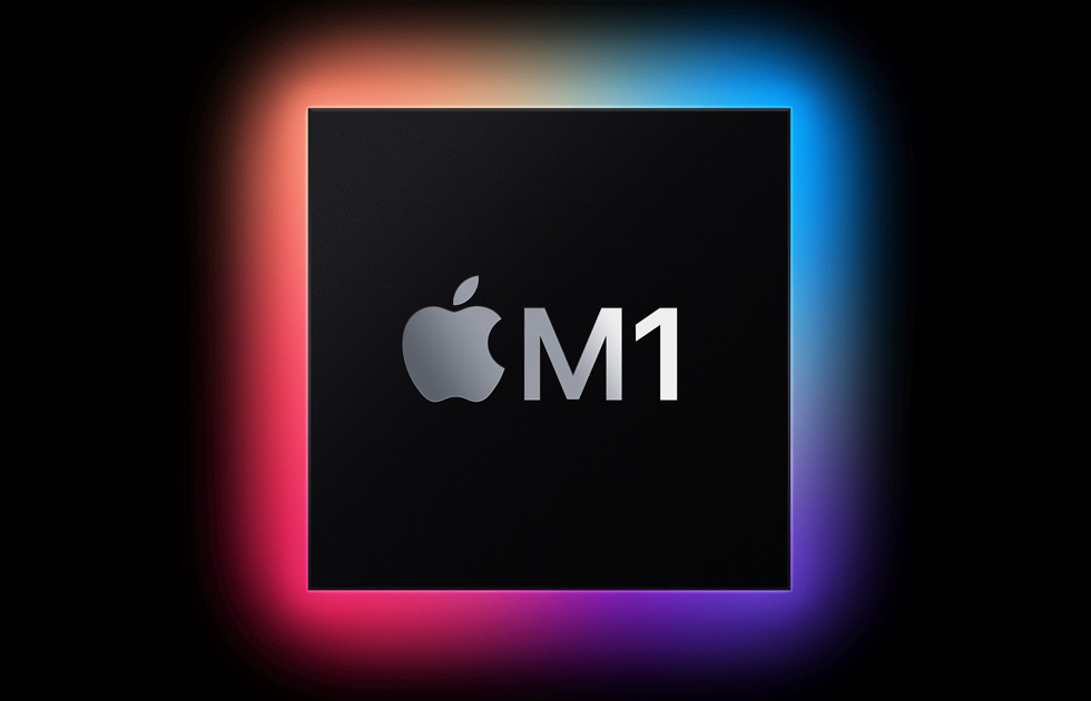 Image Alt text Apple logo and the characters ‘M1’ on a black box, with a red, orange, blue and purple glow coming from the edges. All on a black background. 