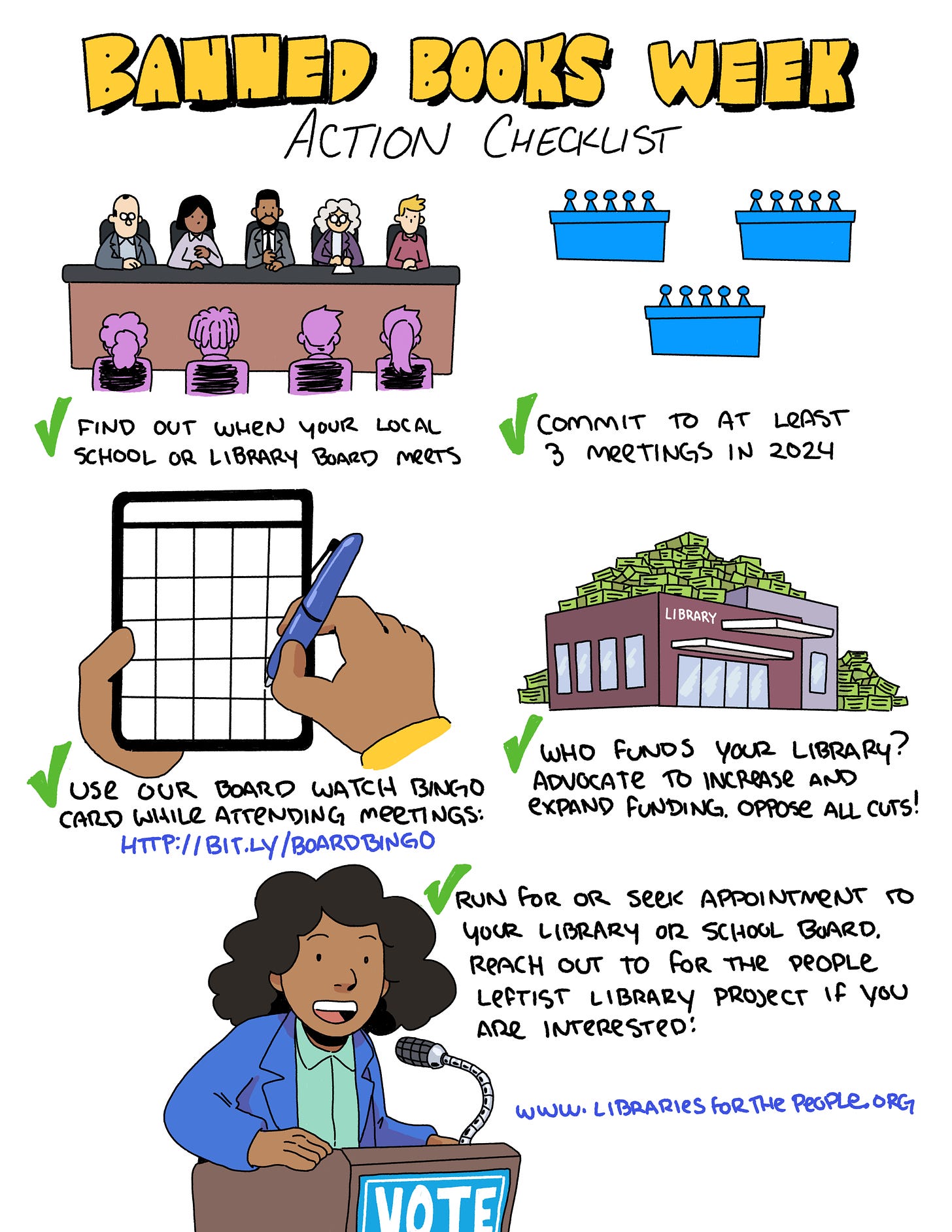 A comic style graphic with the title: Banned Books Week Action Checklist  Square 1 is an illustration of a 5-person board of trustees foreshadowed by meeting attendees with the caption "✔ Find out when your local school or library board meets".  Square 2 is an illustration of 3 (smaller, more simplified) boards of trustees with the caption "✔ Commit to at least 3 meetings in 2024".  Square 3 is an illustration of a hand holding a pen to a bingo card with the caption "✔ Use our board-watcher bingo card while attending meetings http://bit.ly/boardbingo".  Square 4 is an illustration of a library building surrounded by green stacks of money. with the caption "✔ Who funds your library? Advocate to increaes and expand funding. Oppose all cuts!".  Square 5 is an illustration of library defender speaking into a microphone at a podium with the word "vote" on it with the caption "✔ Run for or seek appointment to your library or school board. Reach out to For the People Leftists Library Project if you are interested!".  There's also a url included near the bottom right hand corner of the comic: www.librariesforthepeople.org