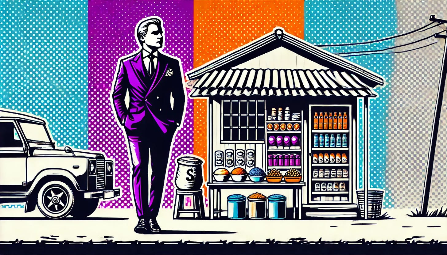 A pop art style illustration depicting a billionaire walking past a traditional roadside grocery shop. The color palette is restricted to bright purple, bright orange, black, and white, with a white background. The design features a modest roadside shop with goods displayed outside, contrasted with a sharply dressed billionaire symbolizing wealth and status. The scene captures the juxtaposition of simplicity and luxury in a clean and minimal style.