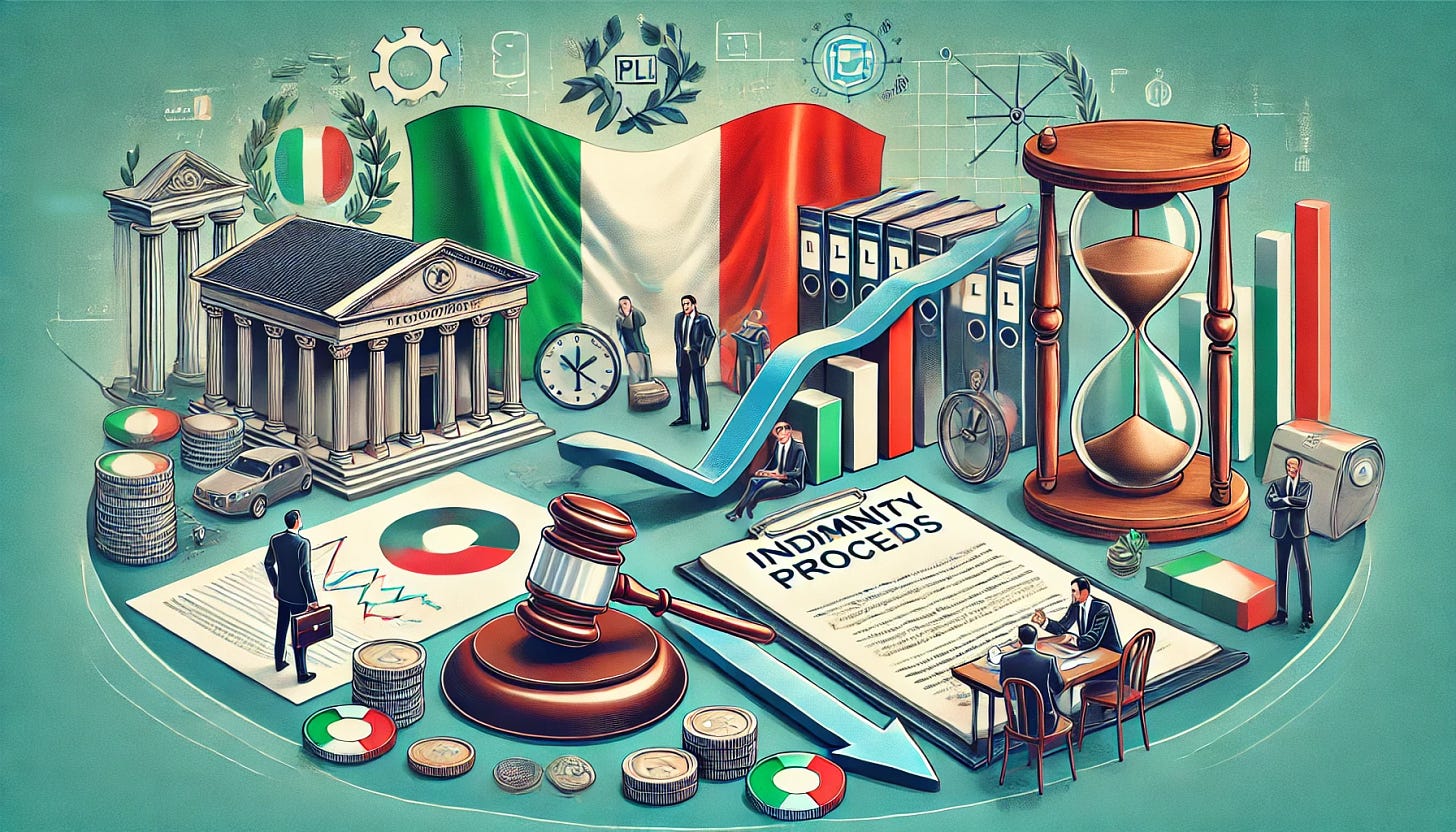 An image representing Italian NPL (Non-Performing Loan) transactions facing challenges. Depict a business setting with a backdrop of the Italian flag. Show documents and graphs with downward trends indicating financial recovery shortfalls. Include imagery of lengthy processes, such as an hourglass or a long winding road, to signify extended indemnity processes. Contrast the scene with a few small symbols of indemnity proceeds, like small coins, highlighting their insufficiency.