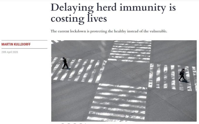 Image: A April 2020 headline by Martin Kulldorff titled "Delaying herd immunity is costing lives," an unscientific rant in support of mass infection 