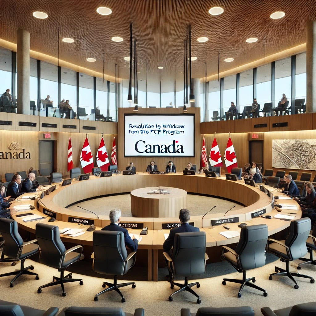 A modern Canadian municipal council meeting room. The central focus is a large wooden conference table surrounded by chairs with nameplates for council members. The room has large windows that allow natural light to flood in, with Canadian flags positioned prominently on the walls. A projector screen at the front of the room displays the text 'Resolution to Withdraw from the PCP Program.' The council members, dressed in formal business attire, are actively engaged in discussion, some holding documents and others looking at the screen. The room is decorated with wooden accents, local artwork, and maps of the municipality, giving it a mix of contemporary and traditional Canadian architectural elements.