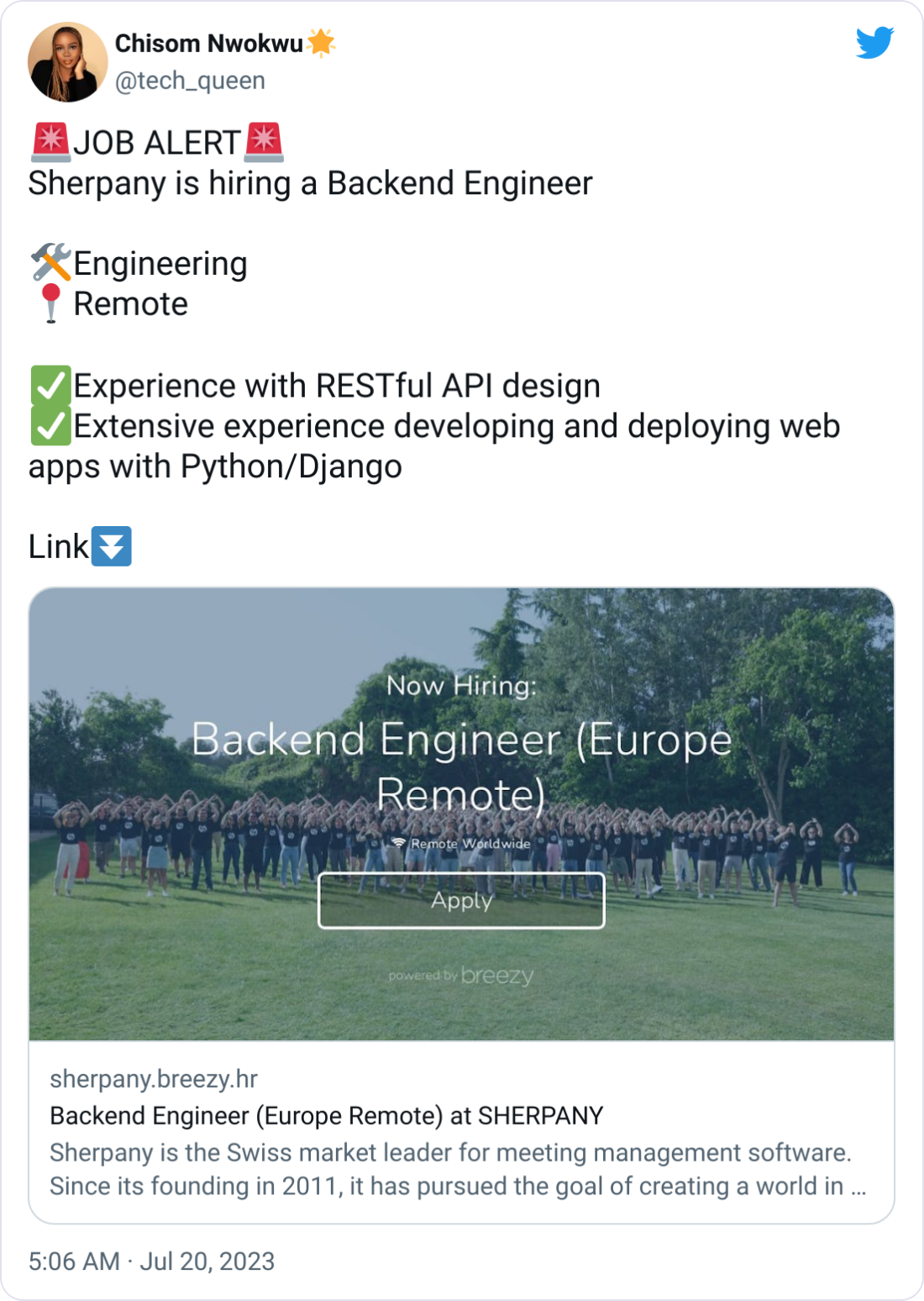 Chisom Nwokwu🌟 @tech_queen 🚨JOB ALERT🚨 Sherpany is hiring a Backend Engineer  🛠️Engineering 📍Remote  ✅Experience with RESTful API design ✅Extensive experience developing and deploying web apps with Python/Django