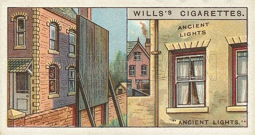 Ancient Lights. Illustration for one of a series of cigarette cards on the subject of "Do You Know" published by Wills's Cigarettes, early 20th century.