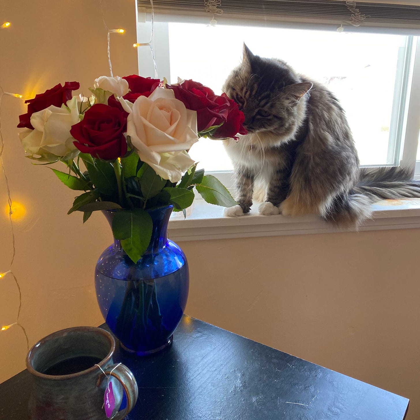 A cat sitting a windowsill smelling the roses in a vase, sitting next to a cup of tea.