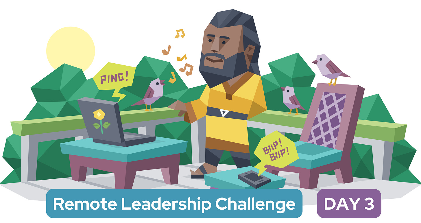 A man receives notifications on his mobile phone and laptop while birds chirp in the background. Text reads "Remote Leadership Challenge: Day 3"