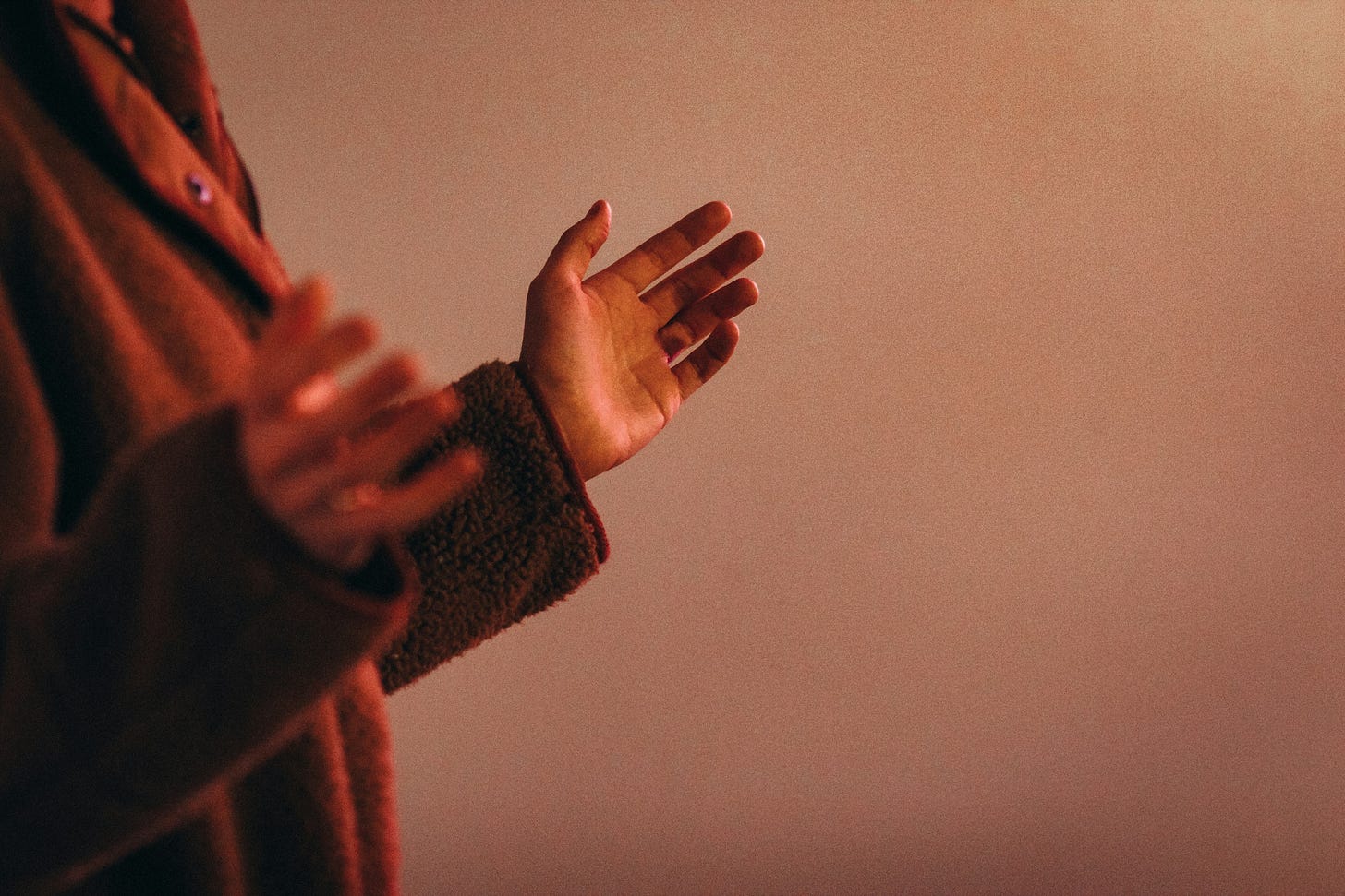 Person in a reddish brown fleece coat with their hands outstretched in a state of surrender. You can't see their face.