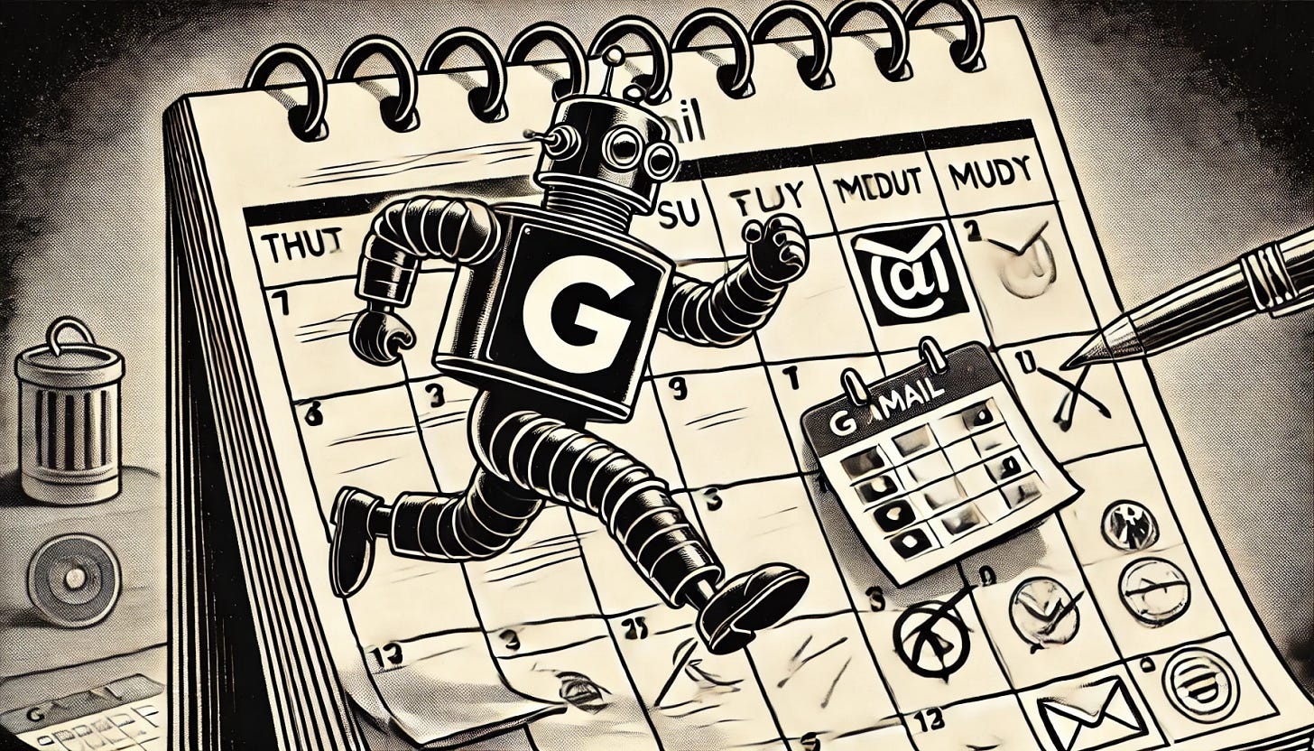 A black and white cartoon-style illustration in a retro style, featuring a robot holding a large 'Gmail' logo while running across a calendar. The calendar is depicted with large squares for the dates, some with marked tasks or symbols, emphasizing a busy schedule. The robot looks determined and energetic, with an exaggerated pose that conveys motion and urgency. The scene is lively and animated, blending the vintage cartoonish style with modern elements like the Gmail logo, creating a humorous and dynamic composition.