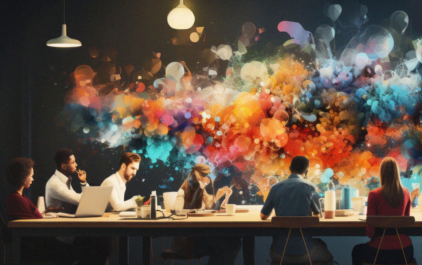 Illustration of a group of business professionals seated around a table beneath a multicoloured cloud of creative ideas