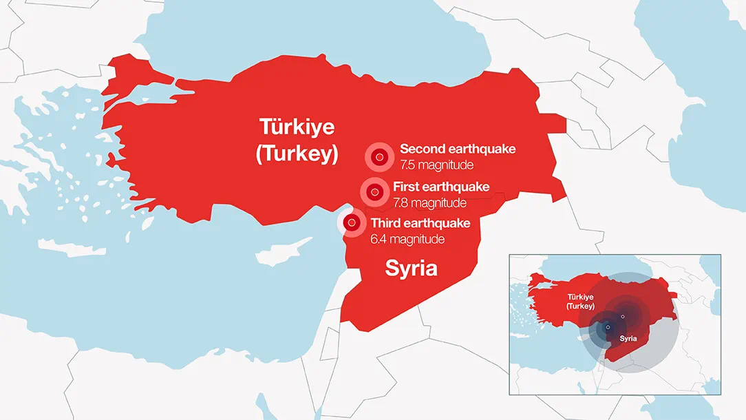 An illustrated map showing the locations of the three earthquakes that impacted Turkiye and Syria in February 2023