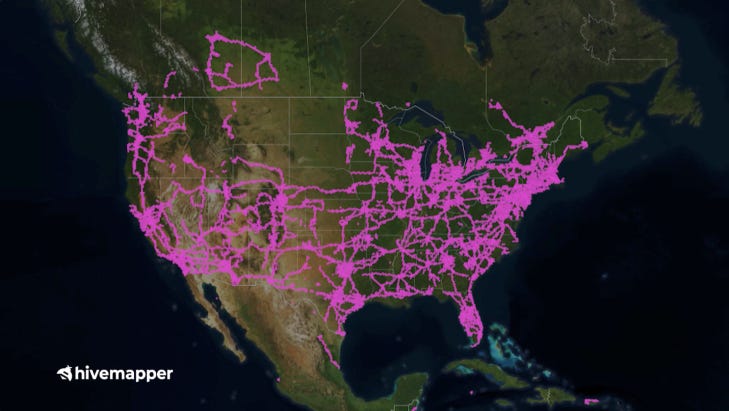 Hot pink lines denoting routes on map of USA
