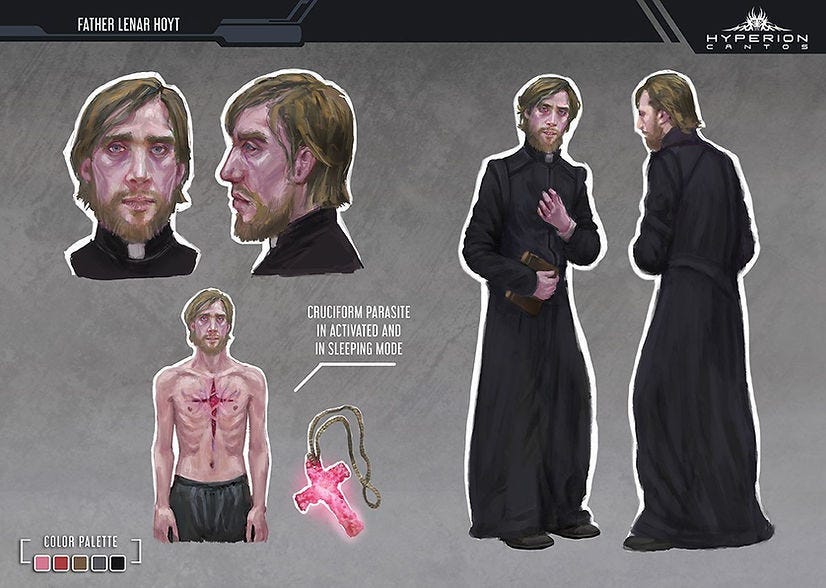 Priest with brown hair in black robe, frontal and side views. Cruciform parasite on chest, glowing pink cross shown. Gray background, text included.
