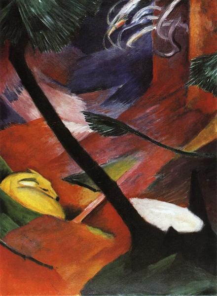 An impressionist painting, oil on canvas, of a windy forest scene, a deer curled in sleep, "Deer in the Forest II" by Franz Marc, 1912.