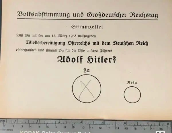 Original 1938 Hitler Reichstag Ballot: Authentic 'Ja for Hitler' Vote