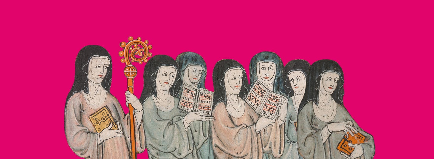 A line of medieval women holding musical scores with a pink background