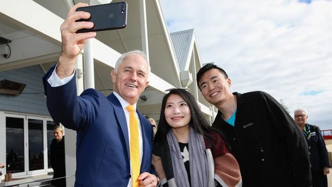 Malcolm Turnbull stops for a selfie on the jetty at Busselton, south of Perth, yesterday.