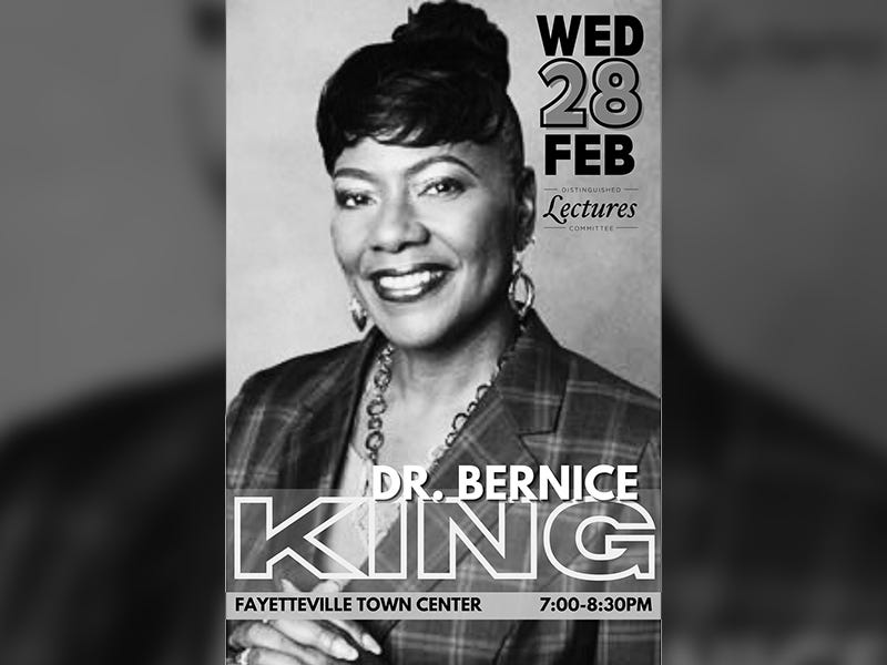 Bernice A. King will deliver a moderated question and answer session as part of the Distinguished Lectures Committee's series at 7 p.m. Wednesday, Feb. 28, at the Fayetteville Town Center. Tickets are required, and a livestream will be available as well.