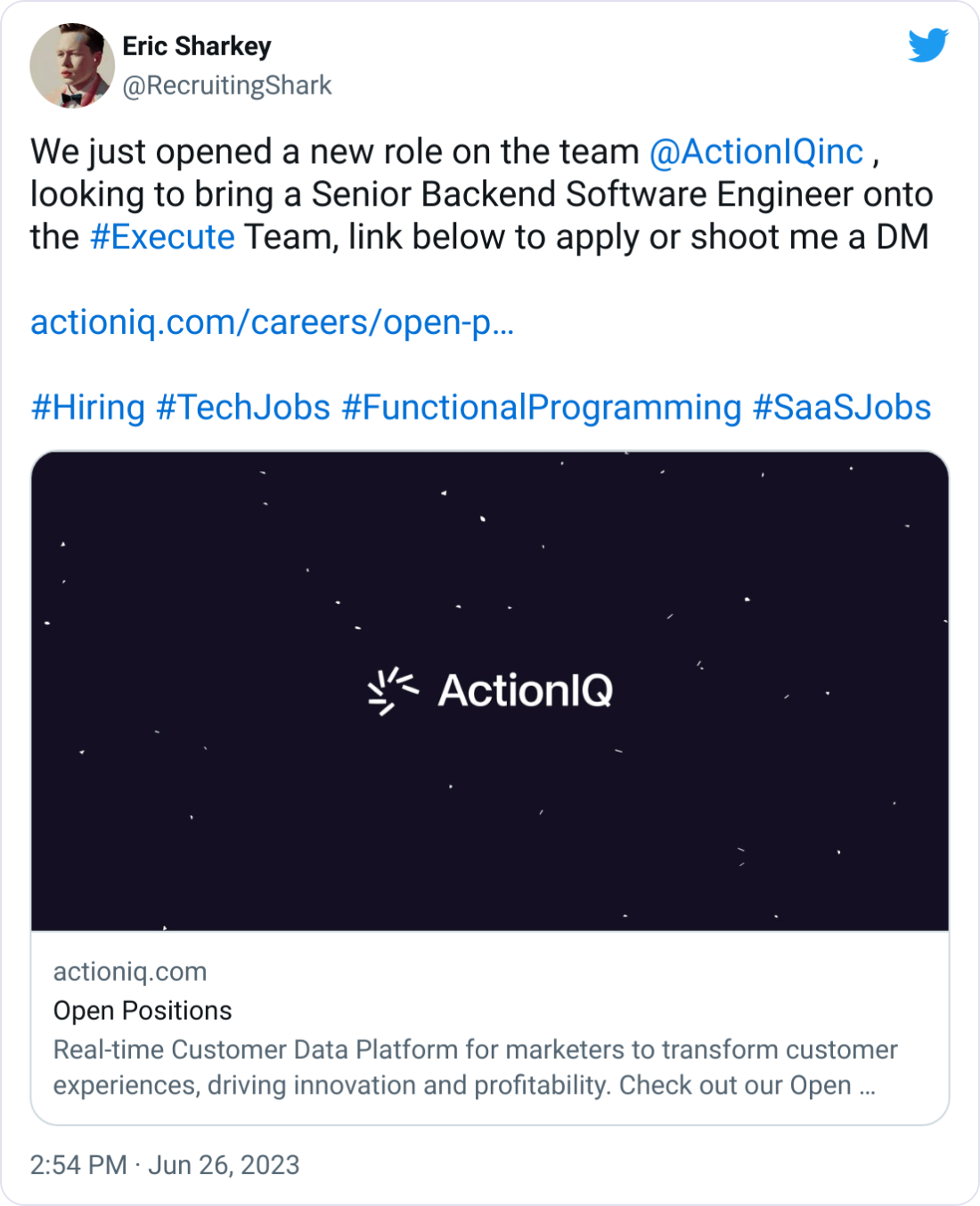  Eric Sharkey @RecruitingShark We just opened a new role on the team  @ActionIQinc  , looking to bring a Senior Backend Software Engineer onto the #Execute Team, link below to apply or shoot me a DM  https://actioniq.com/careers/open-positions/?gh_jid=4917172004  #Hiring #TechJobs #FunctionalProgramming #SaaSJobs