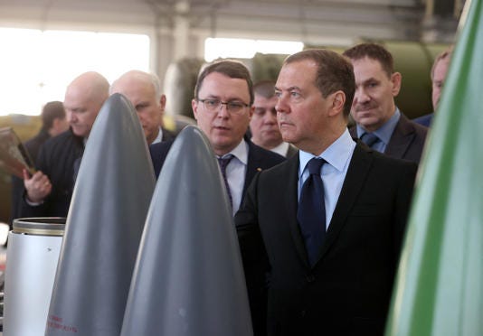 Deputy head of Russia's Security Council Dmitry Medvedev visits a weapons manufacturing plant in Dubna, Moscow region, Russia, in February 2023 [File: Yekaterina Shtukina/Sputnik/pool via Reuters]