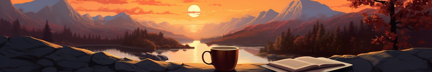 An illustration of a sunset over a calm body of water, framed on either side by mountains and trees. In front of us is a red mug as if we have just set it down to watch the sunset.