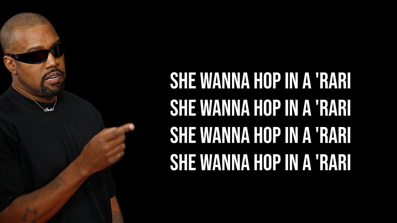 Kanye West pointing toward a screen repeating the lyric “She wanna hop in a 'Rari” four times in bold white text on black background.
