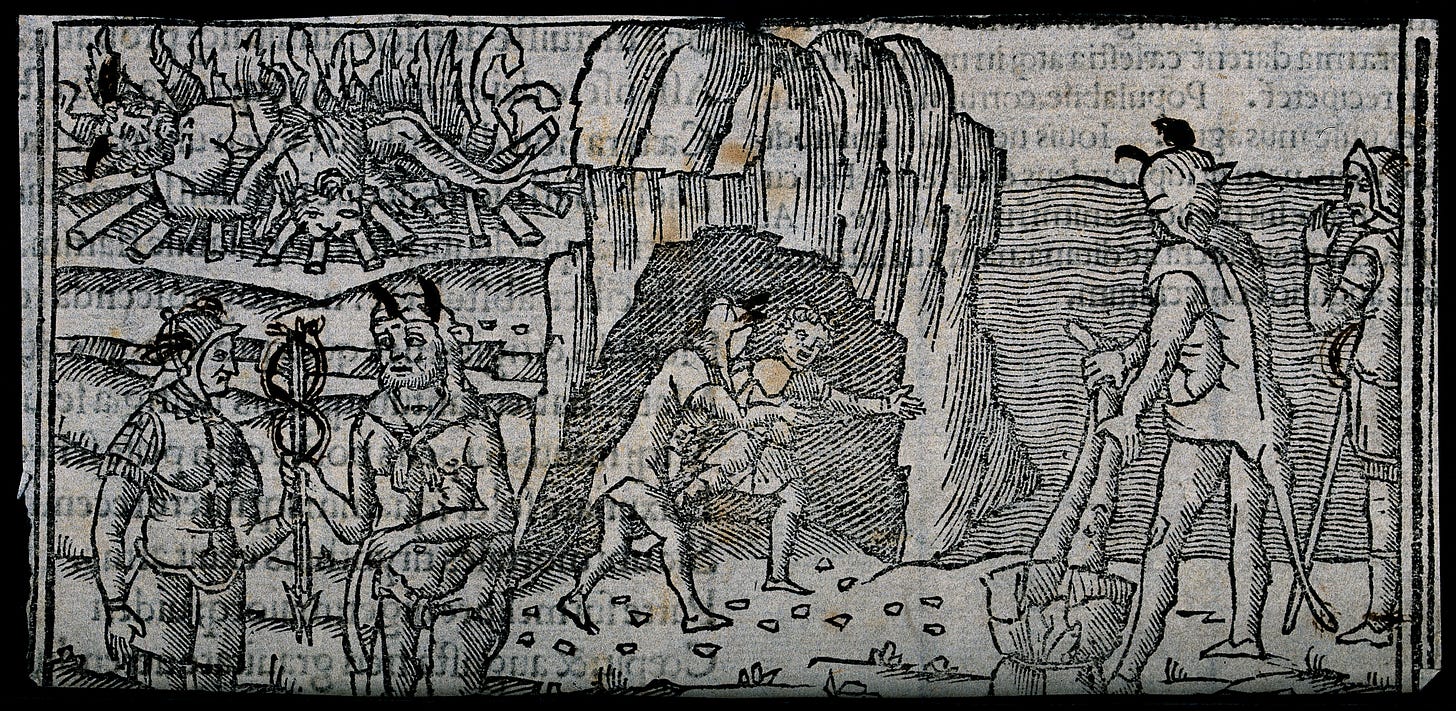 In this medieval woodcut, we see a man being tortured in various ways including being held upside down and burned alive. In this medieval woodcut, we see a man being tortured in various ways including being held upside down and burned alive.