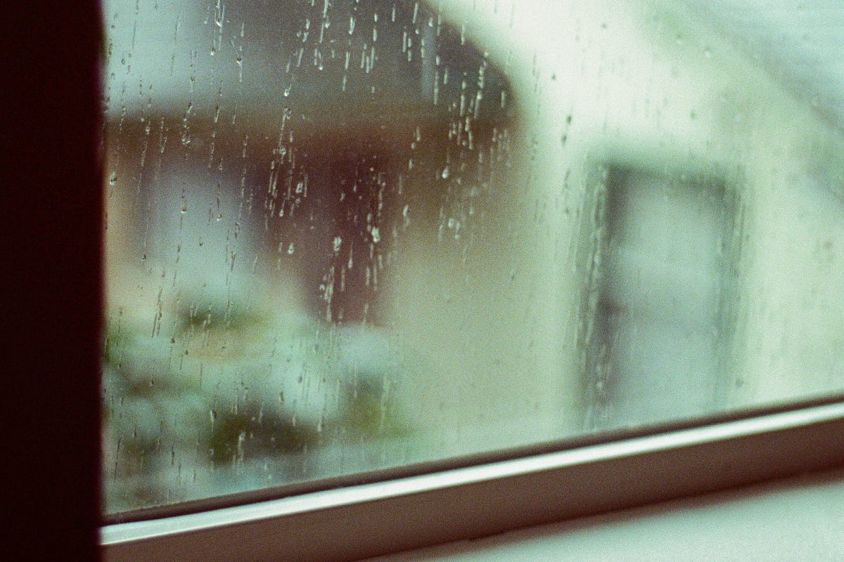 View through a window covered in droplets of rain. The outline of a window and door and plant can be seen through the window, blurred by the rain.