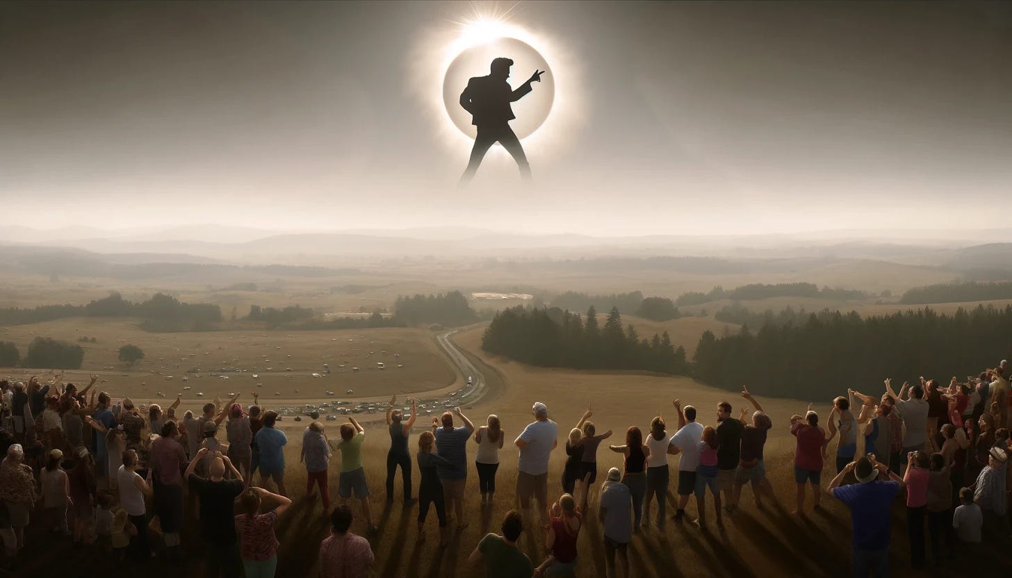 A panoramic view captures a unique moment under a solar eclipse, with a vast landscape now featuring a single, large robot standing amidst a serene field. This robot, designed with futuristic elements and a gentle demeanor, is looking up with curiosity at the sky. Instead of a typical solar eclipse, the scene humorously reveals Rick Astley's silhouette in the midst of performing his iconic dance move from the 'Never Gonna Give You Up' music video, cleverly hidden within the eclipse itself. The environment is bathed in the eerie, dim light characteristic of an eclipse, with ominous storm clouds above and flashes of lightning enhancing the surreal atmosphere of this extraordinary event. The distinctive Minneapolis skyline remains visible on the horizon, blending seamlessly into this unique setting.