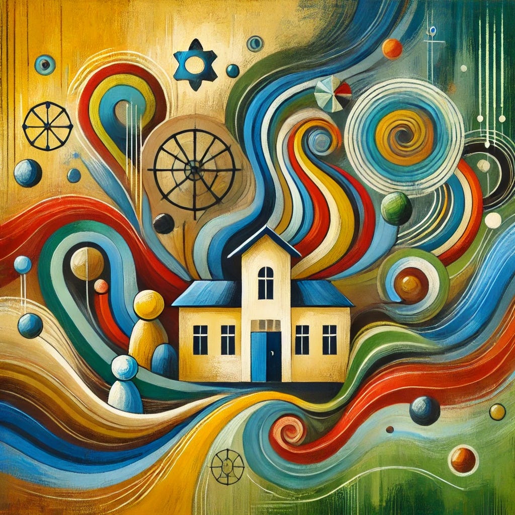 An abstract, playful painting centered on the theme of education and integration reform in Austria. The focal point is a symbolic, simplified structure of a school surrounded by colorful, flowing shapes representing diverse cultural and social elements, in bright colors such as red, yellow, blue, and green. The background blends in muted shades of green, blue, brown, and black, creating a harmonious yet energetic atmosphere. Shapes suggest community and growth, while visible brushstrokes add texture and vibrancy, evoking unity and renewal. The composition is flat, decorative, and conveys simplicity and optimism without text.