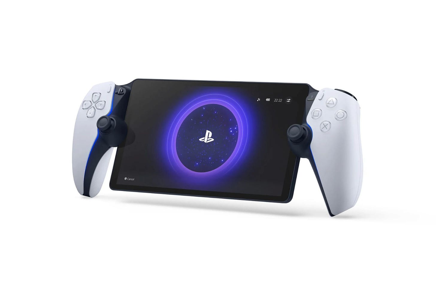 Promotional still of the PlayStation Portal, with split controller halves on either side of a screen.