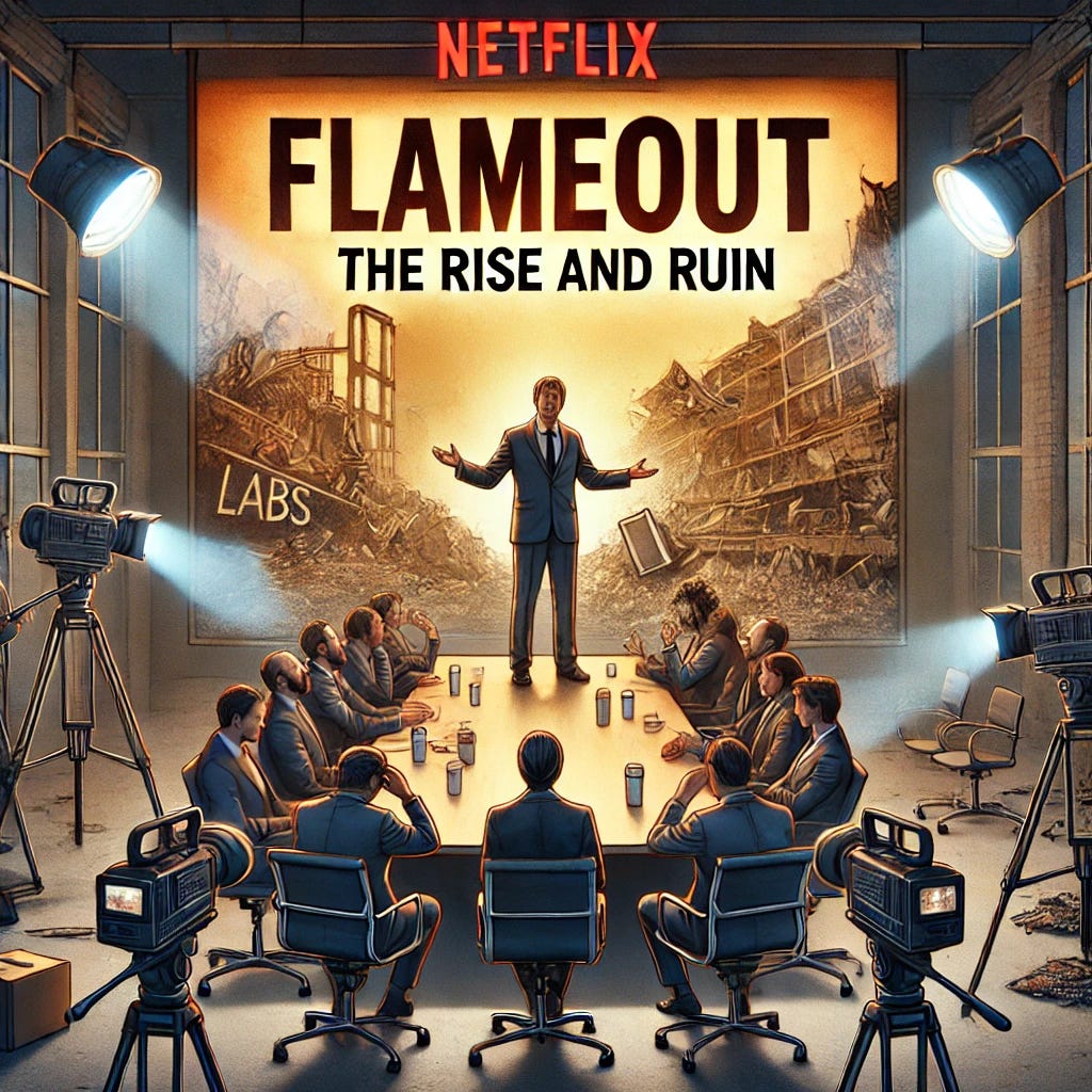 A conceptual illustration of a failed startup pitch meeting transformed into a Netflix documentary scene. A founder dramatically presenting to investors in a boardroom labeled 'Flameout Labs', while cameras film the scene, and a Netflix-style poster in the background reads 'The Rise and Ruin'. The style is cinematic and surreal, blending corporate seriousness with Hollywood glitz, using dramatic lighting and sharp contrast.