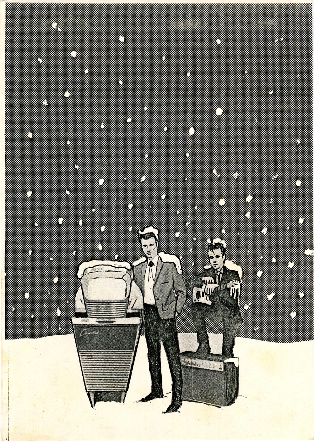 Drawing of two retro-looking musicians in the snow. One is standing next to a jukebox and one is holding a guitar and sitting on an amp.