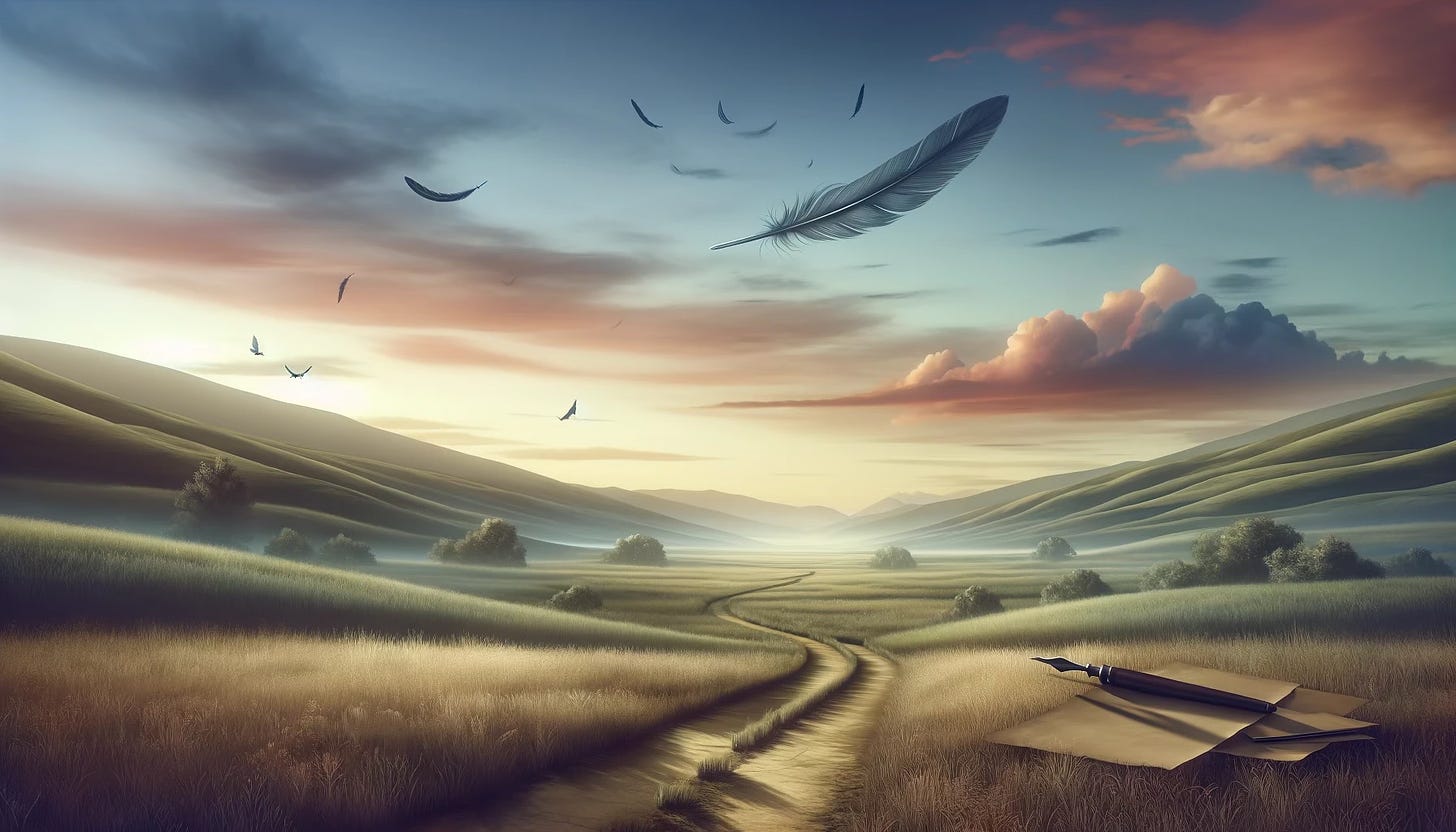 The image represents freedom in free writing. It invites viewers into a gentle, expansive meadow under a subdued, pastel sky. This scene, dotted with elements of creativity like quills and ink drops, evokes a sense of tranquillity, endless possibilities in the depths of one’s imagination, and freedom of free writing.