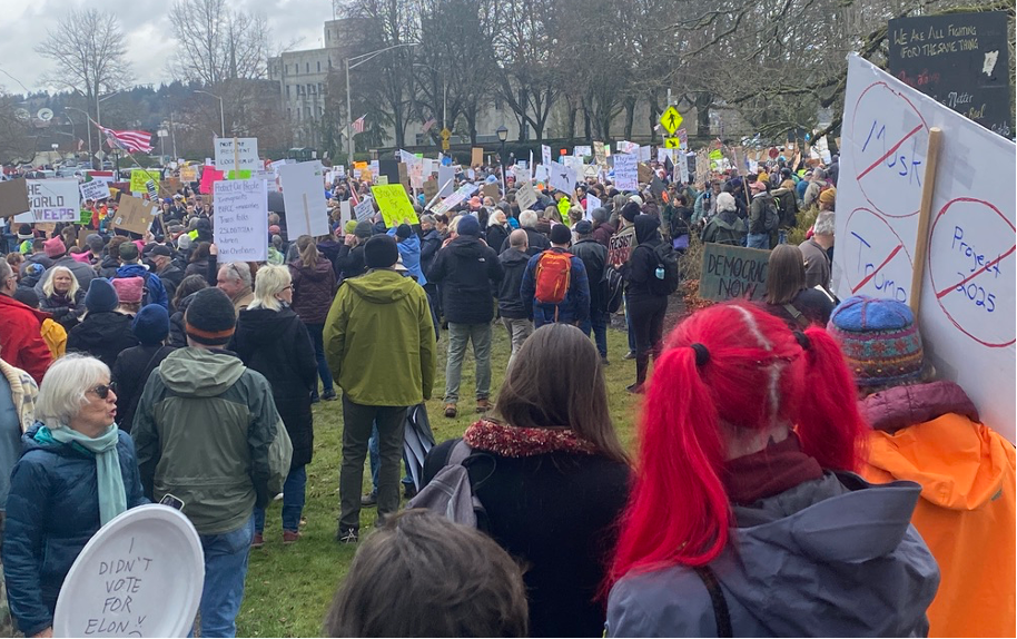 Fragmented protesters in Olympia express dissatisfaction as they process grief over the 2024 election results.