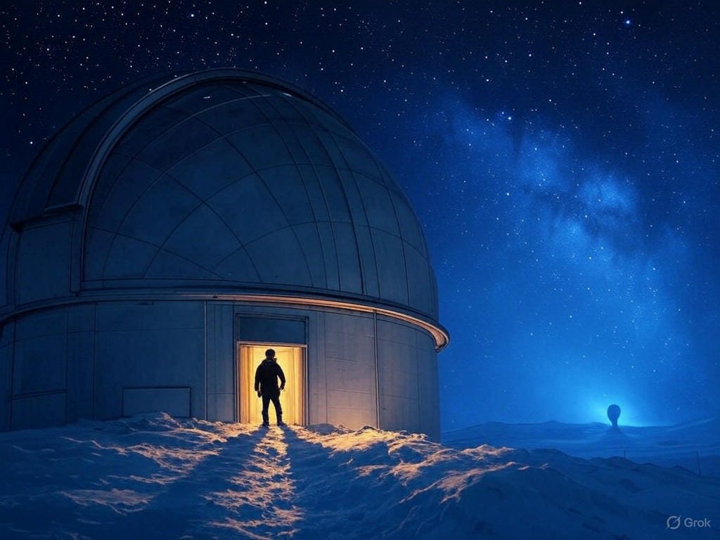 I generated images with the prompt: 'oil painting of a starry night sky, with a clear, vivid dome observatory, a figure standing beneath it, entranced by the cosmos, surrounded by a snow-covered landscape, with the faint hint of an alien craft's light in the distance, capturing the essence of *galagog* - the simultaneous awe and unease of the vast universe.'