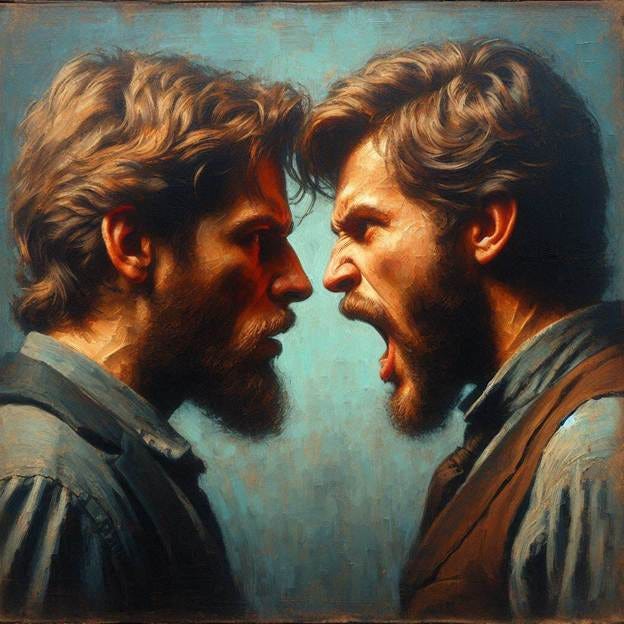 an oil painting style of image of two male  indivuals in present day, in conflict and at the edge of fighting.
