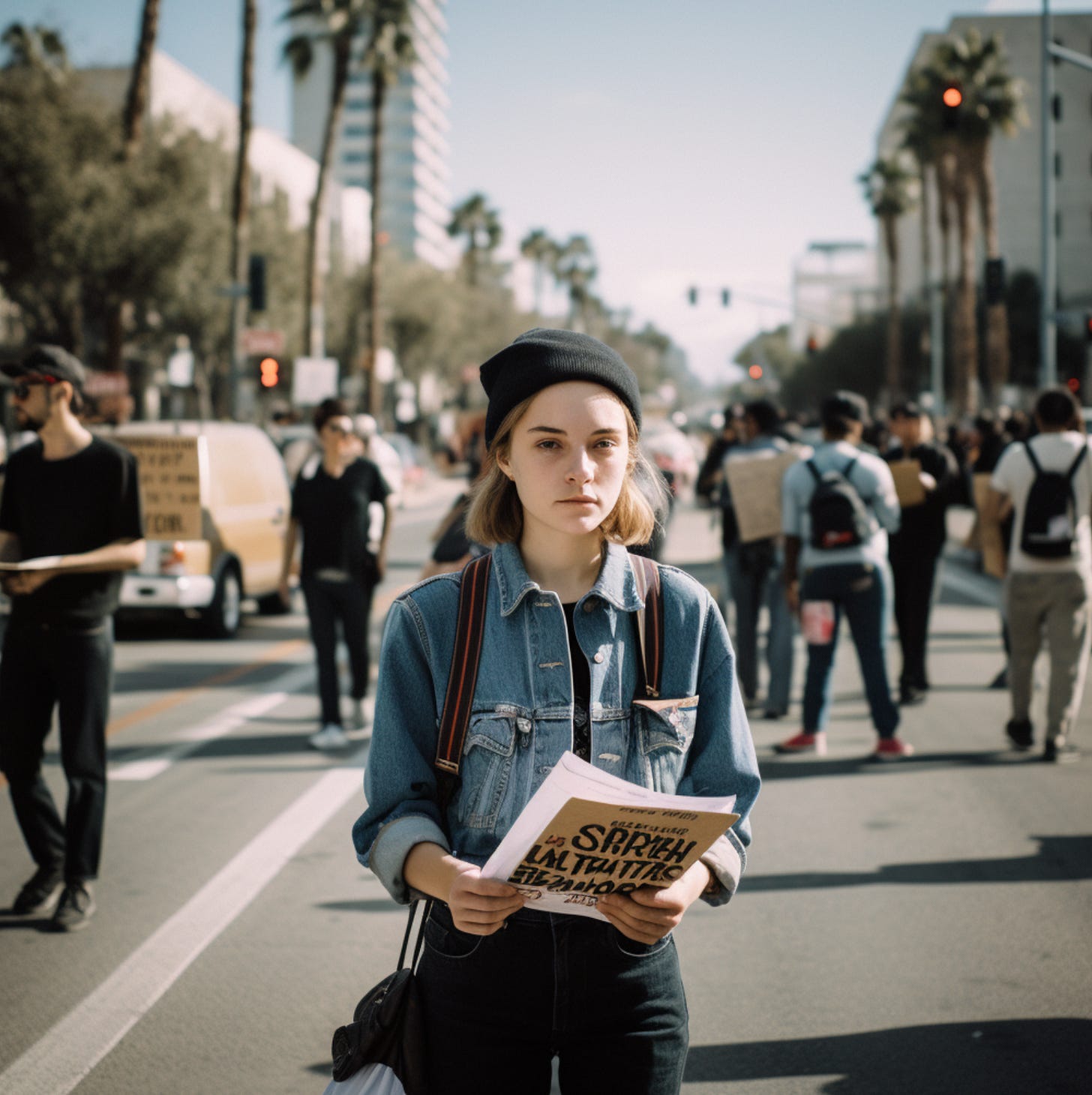 Photo of woman artist with beanie protesting outside in Los Angeles. Generated by Midjourney.