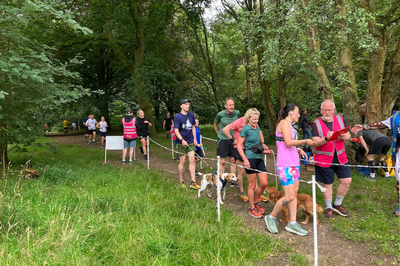 Busy moment in the finish funnel as five people finish close together