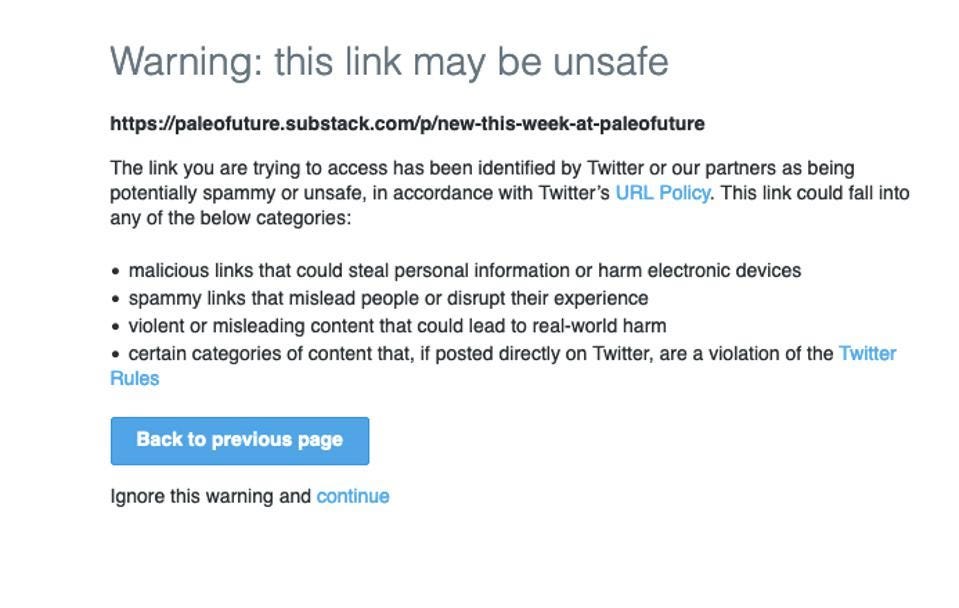 The warning displayed when Twitter users try to visit a Substack link from Twitter.