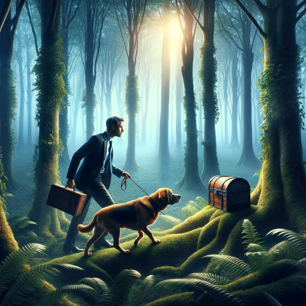 Envision a serene and mystically lit forest scene where a determined individual, accompanied by a loyal hunting dog, is on an unconventional quest to find a job hidden within the dense underbrush. The person, dressed in smart casual attire to symbolize their professional aspirations, and the dog, a symbol of intuition and guidance, work together as they navigate the woods. The dog, with its keen sense of smell, leads the way, sniffing out career opportunities camouflaged as ornate chests or scrolls concealed among the foliage. This picturesque scene metaphorically illustrates the process of job searching with the help of intuition, guidance, and partnership, highlighting the intricate journey of discovering hidden opportunities in the vast wilderness of the job market.