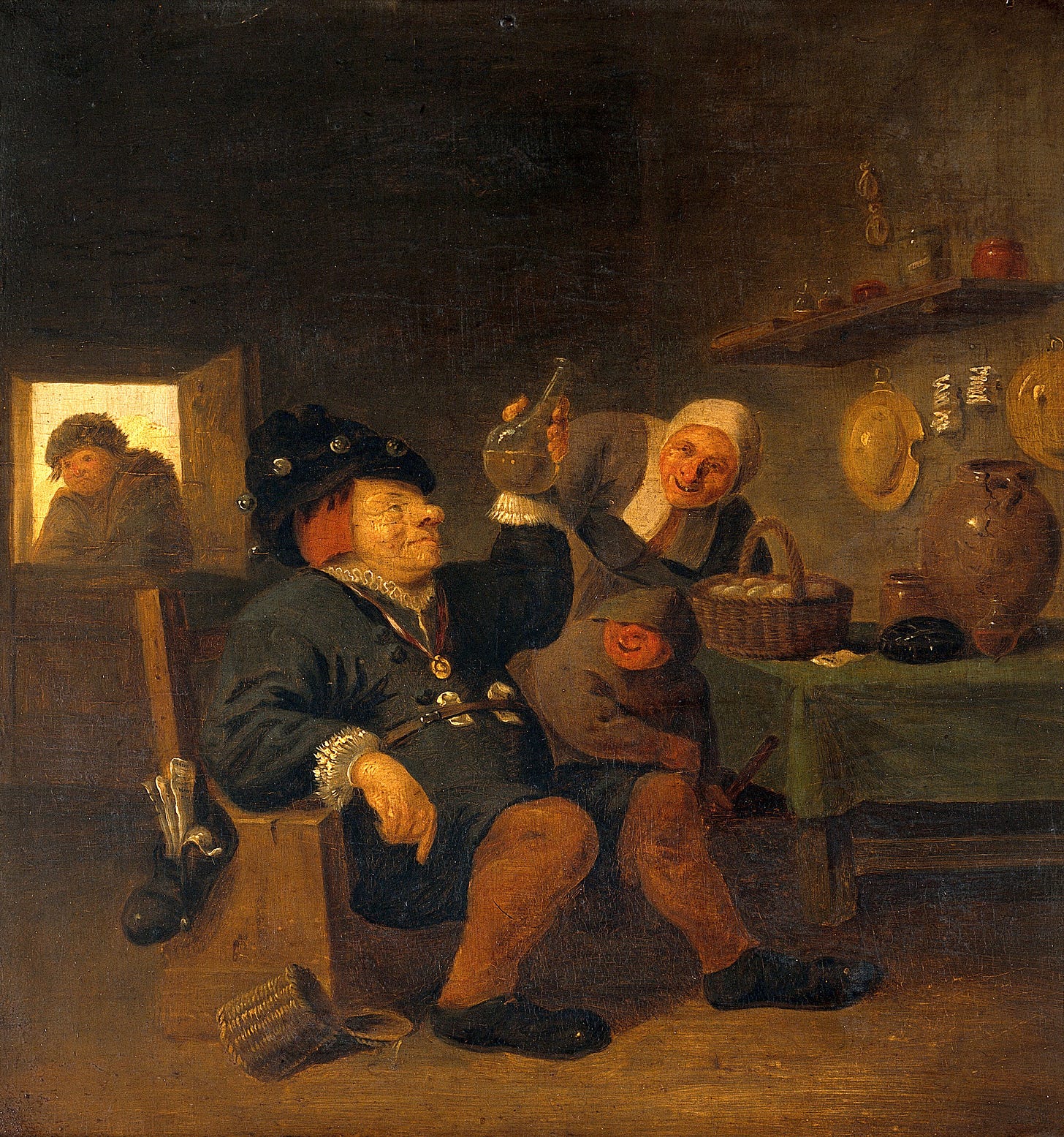  This oil painting shows a dark interior where a rotund doctor in 17th-century attire sits in a chair. He is holding up a bottle of urine and looking at it carefully. Next to his chair, a smiling woman and boy peer at the bottle expectantly. In the background is a window where a man looks in, apparently less impressed than the others.
